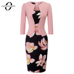 Women Autumn Elegant One-piece Formal Business Floral Printed Vintage Plus Size Lady Work Office Bodycon Pencil Dress 210226