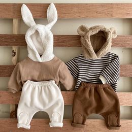 Baby Set Hooded Animal Ear Winter Toddler Girls Sweatshirt Thick Velvet Kids Clothes And Pants For Boys Coat Outerwear 210309