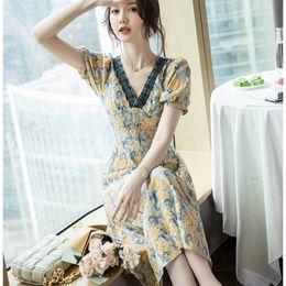 Summer Lace Dresses Women Hollow Out Vintage Short Sleeve Fashion High Waist Slim Retro Female Vestidos 210529