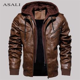 Casual Motorcycle PU Jacket Mens Winter Autumn Fashion Leather Jackets Male Slim Removable Hooded Warm Outwear Fleece Clothing 211119