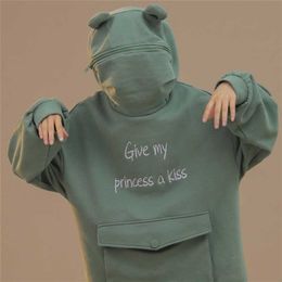 NiceMix Women Autumn Thick Loose Sweatshirt Harajuku Letters Printed Lovely Frog Casual Hooded Hoodies Pullover Female Thicken C 210809