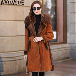 Women's Fur & Faux AYUNSUE Luxury Double Faced Coat 2021 Winter Women Natural Wool Jacket Mink Genuine Sheepskin MY4568