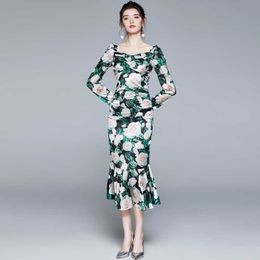 Floral print pleated satin dress Women high waist elegant long Female Autumn party sexy Mermaid 210529