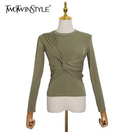 TWOTWINSTYLE Casual Black T Shirt For Women O Neck Long Sleeve Cross Ruched Slim Knitted Tops Female Fall Fashion New Tide 210310