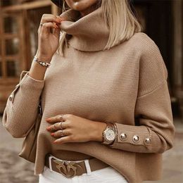 Plus Size Womens Sweaters Fashion Women's Turtleneck Pullovers Button Long Sleeve Loose Knitted Sweater Tops for Women 211018
