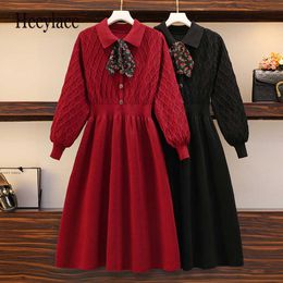 Plus Size Women Winter Warm Knitted Dress Women Long Sleeve Bow Collar Elegant Vintage Korean High Waist A-line Pleated Dresse Y1006