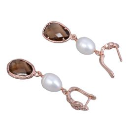 rose rice UK - GuaiGuai Jewelry Natural White Rice Pearl Crystal Rose Gold Color Plated CZ Flower Earrings Cute For Women Girl Gift