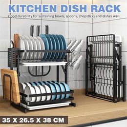 2-Tier Stainless Steel Dish Drying Rack Holder Drainer Kitchen Storage Shelf Sink Organiser Accessories Knife Fork Container 211112