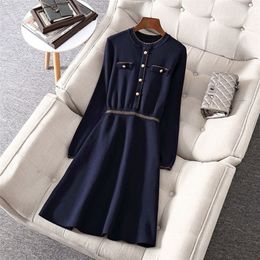 Plus Size Dress Women Autumn Winter Fashion Knitted Metal Button O Neck Midi Dress Elegant Hit Colour Sweater Dresses M-5XL 210309