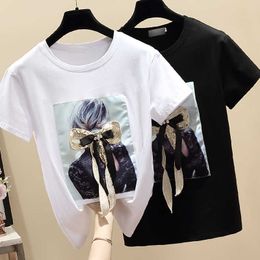 Broken Hole Black Woman T-shirt Short Sleeved Korean Top Fashion Slim O-neck Cotton White Harajuku T Shirt Women 210604