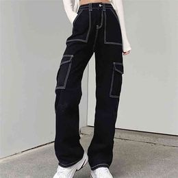 Harajuku Y2K Multi Pockets Patchwork Baggy High Waist Jeans Streetwear 100% Cotton Women Denim Trouser Loose Pants Punk 210809