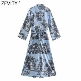 Zevity Women Vintage Ink Flower Print Bow Sashes Shirt Dress Office Lady Long Sleeve Chic Casual Slim Kimono Midi Vestido DS8102 210603