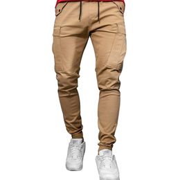 Running Pants 2021 Men Casual Sports Cargo Boys Adults Loose Solid Colour Trousers With Pockets, Drawstring S/M/L/XL Khaki/Black