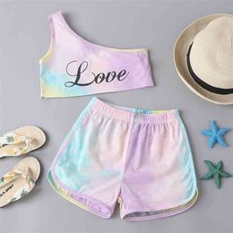 Summer Children Sets Casual Single Shoulder Sleeveless Letter Tops Tie-dye Shorts 2Pcs Girl Boys Clothes 18M-6T 210629