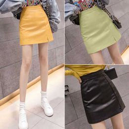 WERUERUYU Summer Fashion Elegant Women Pu Leather Skirt Casual High Waist Mini Skirt Ladies A-line Short Skirts Black Yellow 210608