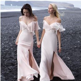 Pink Bridesmaid Dresses 2021 Chiffon Side Slit Mermaid Spaghetti Straps Off the Shoulder Floor Length Maid of Honour Gown Beach Wedding Gown