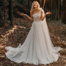 Plus Size Gorgeous Wedding Dress A Line One Shoulder Sexy Blackless Bridal Gowns Lace Appliqued With Long Wrap Robe de mariee