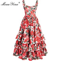 MoaaYina Fashion Designer Runway Ball Gown Dress Summer Women Spaghetti strap Backless Floral Print Cascading Ruffle Beach Dress 210306