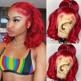 black hairstyles short hair Canada - Lace Wigs Red Bob Frontal Yellow 99j Burgundy Wavy Curly 13X4 Front Wig Full Density Colored Human Hair Closure