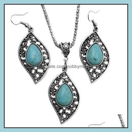 Earrings & Necklace Jewellery Sets Fashion Turquoise Set Antique Sier Leaves Pendant Necklaces+Earring 2Pcs For Women Drop Delivery 2021 U1Bpe