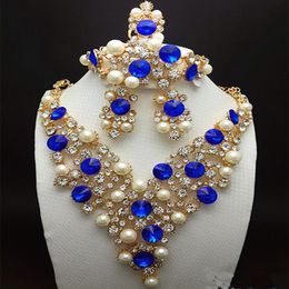 -Pendientes collar rojo azul imitación piedras de joyería nupcial conjuntos nigerianos boda africanos conjuntos de moda marca de moda dubai oro