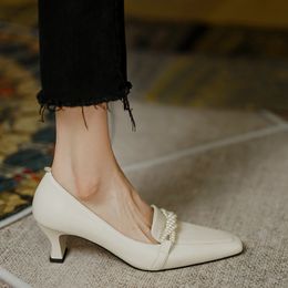 Womens genuine leather 5cm thin high heel square toe slip-on pumps beading decoration elegant ladies OL style bowtie shoes sale