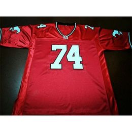 Rare 001 Red Calgary Stampeders #74 DWAYNE JOHNSON real Full embroidery College Jersey Size S-4XL or custom any name or number jersey