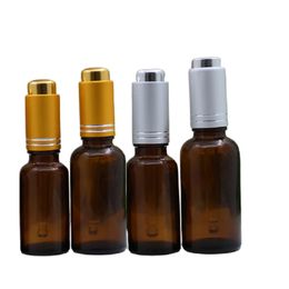 Empty Brown Glass Press Dropper Bottle Matte Gold Silver Lid 5ML 10ML15ML 20ML 30ML 50ML 100ML Essential Oil Pipette Refillable Vials Cosmetic Packaging Containers