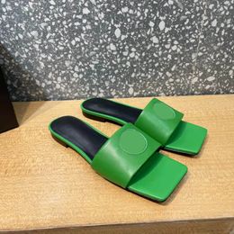 Classic Ladies Flat Green Pink Sandals Sexy Square Toe Summer Slide Outdoor Beach Leather Flip-flops Large Size 42/43