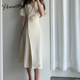 Yitimuceng Button Up Dresses For Women Slim Midi Elegant Dress High Waist Dark Blue Beige Clothes Summer Korean Fashion 210601