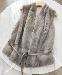 Women's Fur & Faux Arlenesain Custom Grey Mink Women Vest With V-Neck And A Sheep Leather Belt