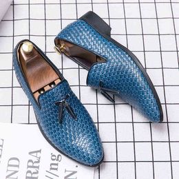 Dress Shoes Tassel Plaid Men Leather Italian Loafers Weave Comfortable Soft s Big Size 48 Business Formal For 220223