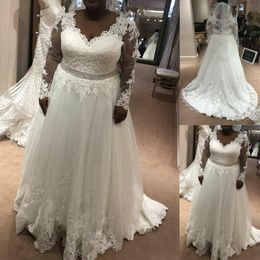 Gorgeous Plus Size Dresses Long Sleeves Lace Applique Crystals Beaded V Neck Sweep Train Custom Made Wedding Gown Vestido De Novia 403 403