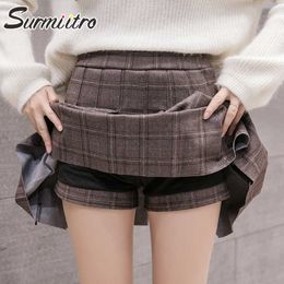 SURMIITRO Autumn Winter Woollen Mini Pleated Shorts Skirt Women Korean Style Plaid High Waist A Line Skirt Female 210712