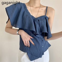 Sexy One Shoulder Off Solid Black Ladies Blouse Women's Ruffled Sleeve Vest Top Summer Button Up Casual Shirt 210601