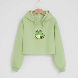 Women's Hoodies & Sweatshirts Cute Frog Black Sweatshirt Cotton Pullover Fashion Hoodie Crop Top Student Women Streetwear Oversized