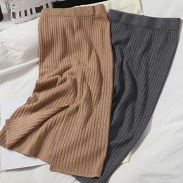 Knitted Women Office Pencil Skirts Ribbed Sexy Spilt Out Spring Autumn Female Mid-Long Skirt W139 210526