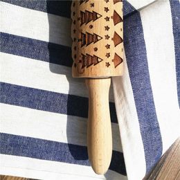 Rolling Pins Beech Christmas Rolling Pin Engraved Embossed Natural Christmas tree Kitchen Accessories Tool Oct25 211008