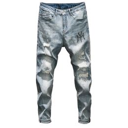Мужские джинсы с разорванными мужчинами Skinny Slim Fit Light Blue Stretch Moto Consered Printed Rhinestone Streetweart Chart Cant, 310