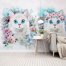 Custom Mural Wallpaper Nordic Simple Flower Cats Wall Painting Children's Bedroom Background Wall Paper Home Decor Wallpaper 3 D