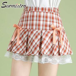 SURMIITRO Summer Plaid Mini Pleated Skirt Women Korean Style Lace Patchwork High Waist Aesthetic Skirt Female For Teenagers 210712