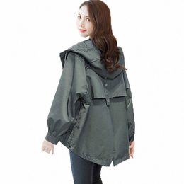 spring autumn new womens fashion hooded windbreaker korean long sleeve loose solid color zipper coat jacket female plus size 24p4