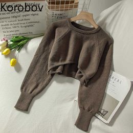 Korobov Preppy Style Streetwear Crop Knit Pullovers Korean Long Sleeve O Neck Solid Sweaters Vintage Jumper Femme 210922