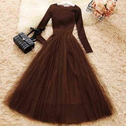 Female Knit Mesh Patchwork Dress Long Sleeve Ball Gown Dress Elegant Woman Casual Knitted A-line Dresses wy484 Dropship G1214