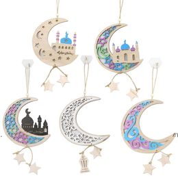 Eid al-Fitr Party Wooden Ornaments Ramadan Kareem Islamic Muslim Party Moon Shaped Hanging Plaque Sign JJB14047