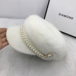 Pearl Chain Berets White Black Winter Warm Faux Fur Lady Octagonal Hat Women Leisure Visors Caps