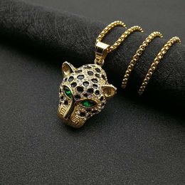 Iced Out Bling Leopard Head Pendants Necklace with Gold Colour Stainless Steel Chain Cubic Zircon Men Hip Hop Jewellery Gift 2024