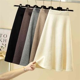 Winter Wool Knitted Skirt Women's Autumn Mid-Length High Waist A- line knit cotton Retro Slim Pleated For women 210621