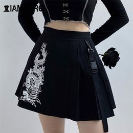 IAMSURE Streetwear Fashion Dragon Print Pleated Skirts For Women Gothic Punk Style High Waist Female Mini Skirts Summer 210310