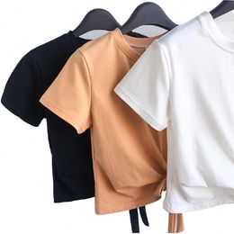 Women Summer Short Sleeve T-shirt Solid Colour Round Neck Tops Drawstring Sexy Ladies Simple Fashion T-shirts M-xxl